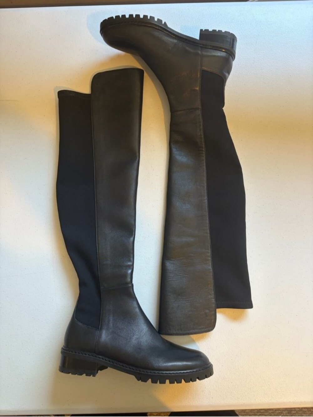 Stuart Weitzman Black Leather Stretch Over the Knee Lug Sole Boots size 35 4.5